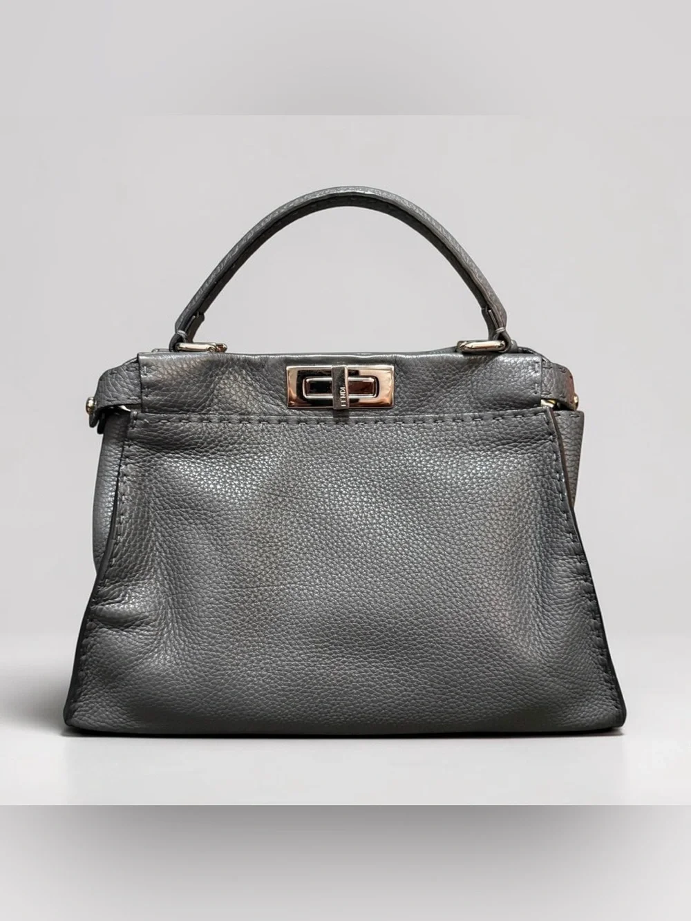 Fendi Peekaboo Medium Metallic Gray Leather Top Handdle Bag Silver Hardware